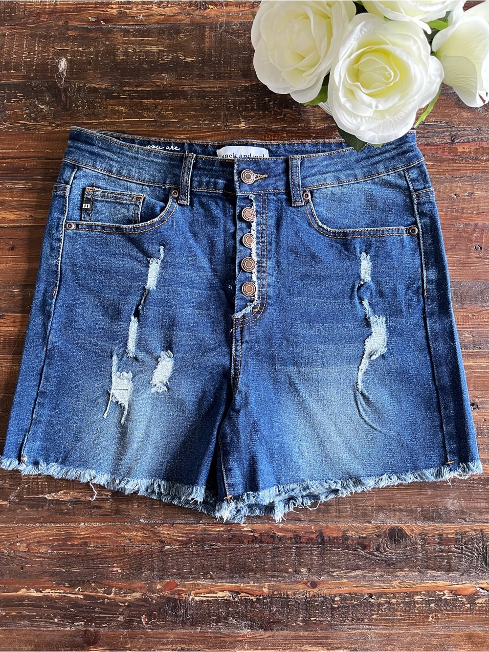 Mac and Mal Blue Distressed Button-Fly Denim Shorts Sz M NWOT